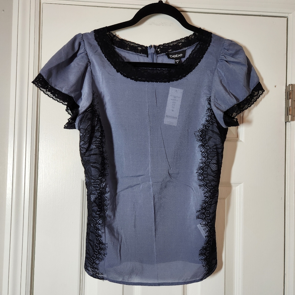 NWT Bebe Gray with Black Chantilly Lace Trim Blouse Size M